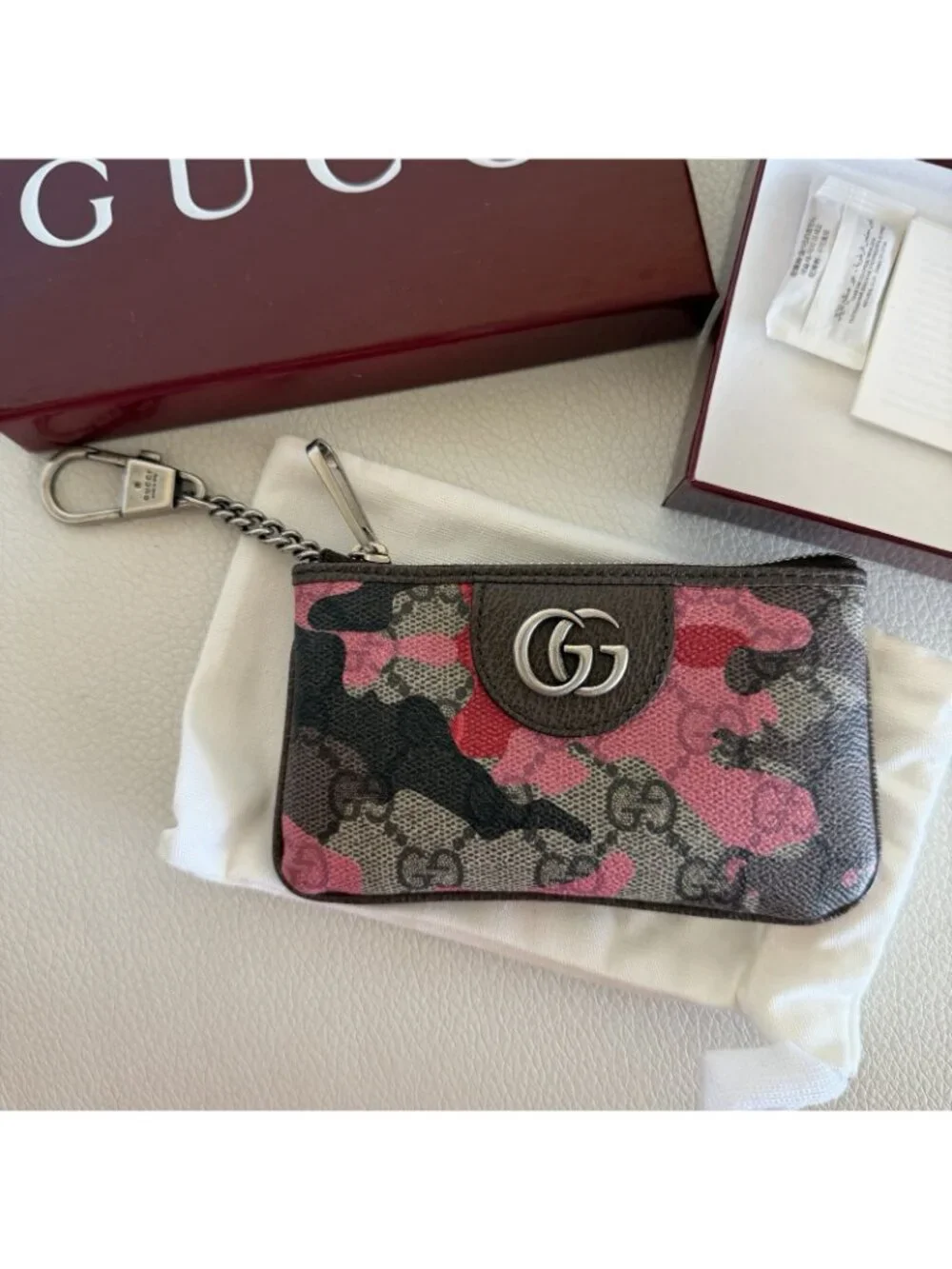 NEW Gucci GG Monogram & Marbled Pink & Red Camouflage Key Case Coin Authentic